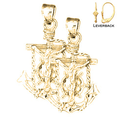 Sterling Silver 29mm Mariner's Crucifix Earrings (White or Yellow Gold Plated)