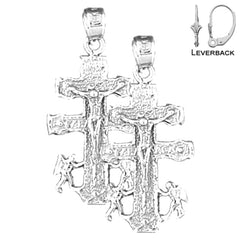 Sterling Silver 31mm Caravaca Crucifix Earrings (White or Yellow Gold Plated)