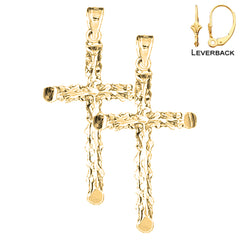 Sterling Silver 40mm Floral Cross Earrings (White or Yellow Gold Plated)