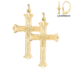 Sterling Silver 34mm Budded Cross Earrings (White or Yellow Gold Plated)