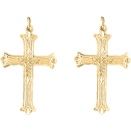 Yellow Gold-plated Silver 34mm Budded Cross Earrings