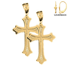 Sterling Silver 33mm Budded Cross Earrings (White or Yellow Gold Plated)