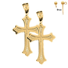 Sterling Silver 33mm Budded Cross Earrings (White or Yellow Gold Plated)