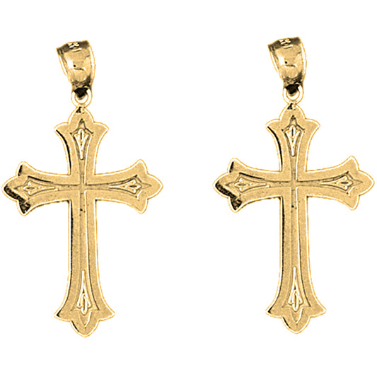 Yellow Gold-plated Silver 33mm Budded Cross Earrings