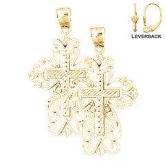 Sterling Silver 39mm Floral Cross Earrings (White or Yellow Gold Plated)