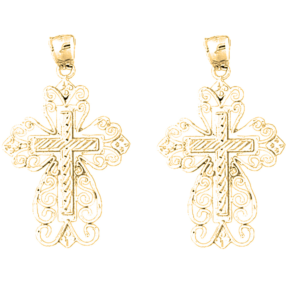 Yellow Gold-plated Silver 39mm Floral Cross Earrings