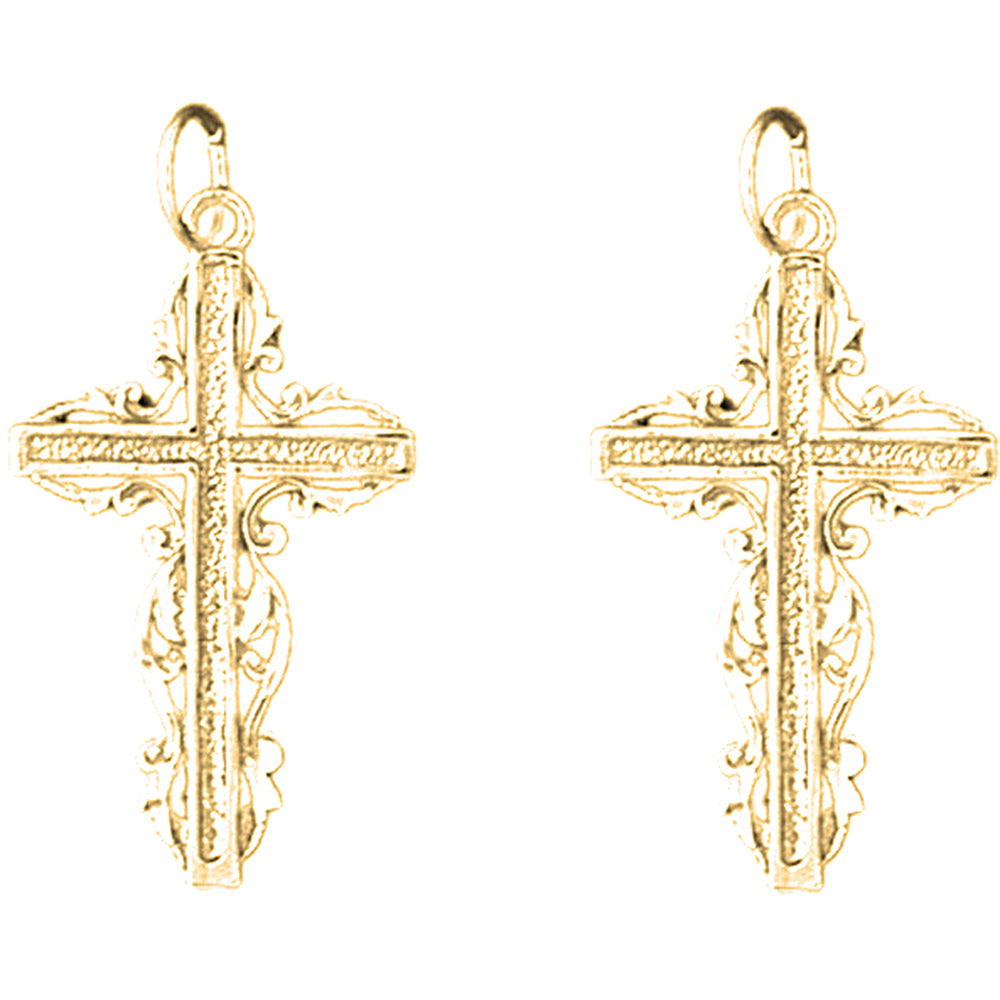 Yellow Gold-plated Silver 30mm Floral Cross Earrings