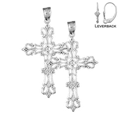 Sterling Silver 41mm Floral Cross Earrings (White or Yellow Gold Plated)