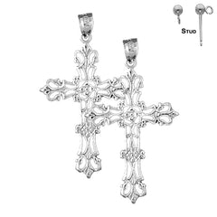 Pendientes de cruz floral de plata de ley de 41 mm (chapados en oro blanco o amarillo)