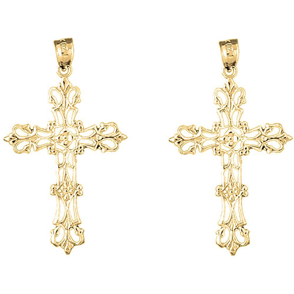 Yellow Gold-plated Silver 41mm Floral Cross Earrings