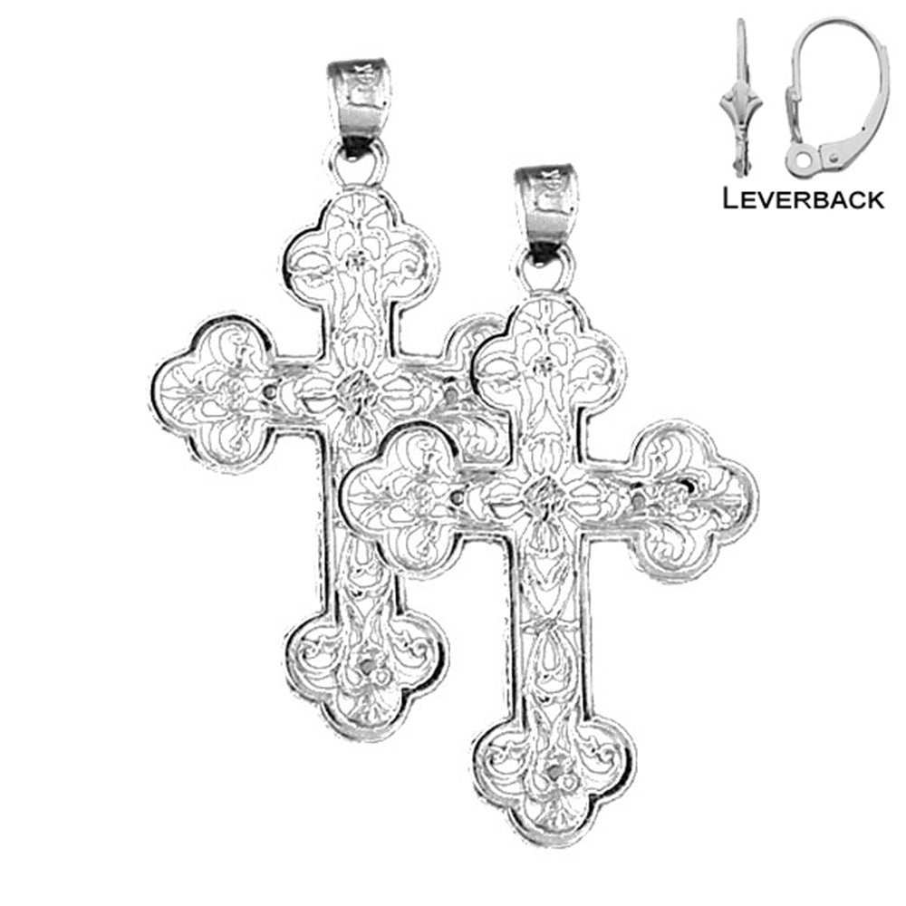 Sterling Silver 38mm Floral Cross Earrings (White or Yellow Gold Plated)