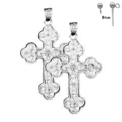 Pendientes de cruz floral de plata de ley de 38 mm (chapados en oro blanco o amarillo)