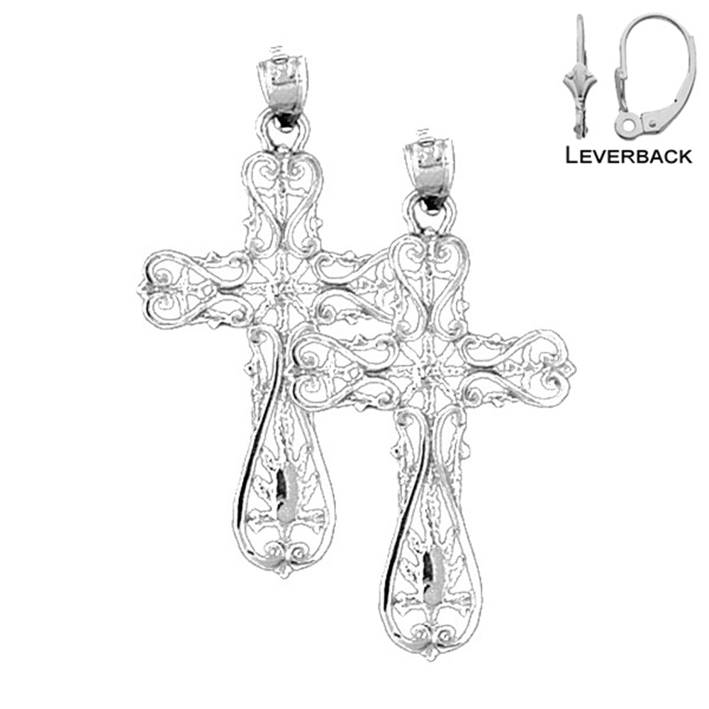 Sterling Silver 37mm Floral Cross Earrings (White or Yellow Gold Plated)