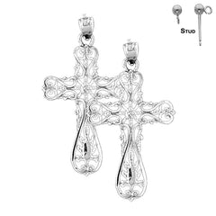 Pendientes de cruz floral de plata de ley de 37 mm (chapados en oro blanco o amarillo)