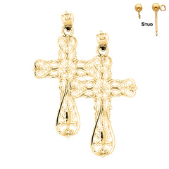 Pendientes de cruz floral de plata de ley de 37 mm (chapados en oro blanco o amarillo)