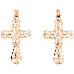 14K or 18K Gold 37mm Floral Cross Earrings