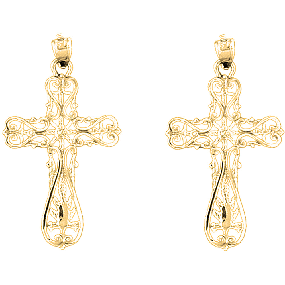 Yellow Gold-plated Silver 37mm Floral Cross Earrings