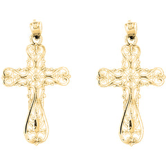 Yellow Gold-plated Silver 37mm Floral Cross Earrings