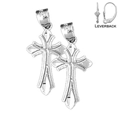 Sterling Silver 23mm Budded Cross Earrings (White or Yellow Gold Plated)