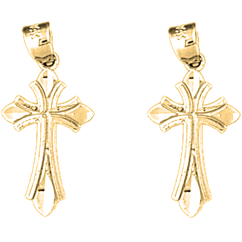 Yellow Gold-plated Silver 23mm Budded Cross Earrings