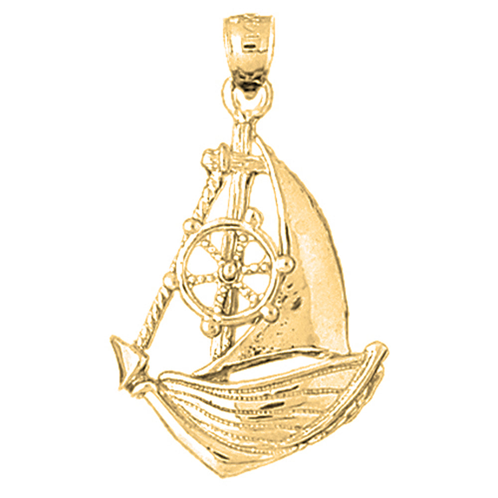 10K, 14K or 18K Gold Sailboat With Ships Wheel Pendant