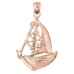 10K, 14K or 18K Gold Sailboat With Ships Wheel Pendant