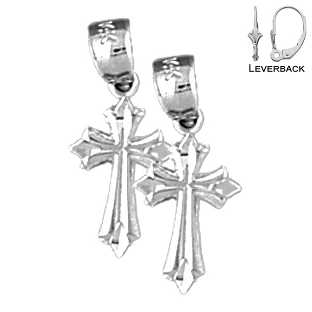 Sterling Silver 18mm Budded Cross Earrings (White or Yellow Gold Plated)