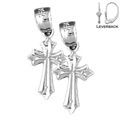 Sterling Silver 18mm Budded Cross Earrings (White or Yellow Gold Plated)