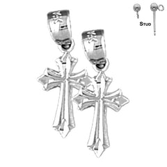 Sterling Silver 18mm Budded Cross Earrings (White or Yellow Gold Plated)
