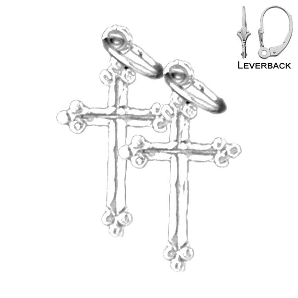 Sterling Silver 17mm Budded Cross Earrings (White or Yellow Gold Plated)