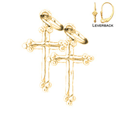 Sterling Silver 17mm Budded Cross Earrings (White or Yellow Gold Plated)