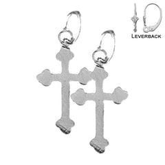 Sterling Silver 20mm Budded Cross Earrings (White or Yellow Gold Plated)