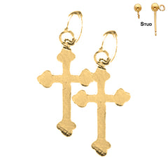 Sterling Silver 20mm Budded Cross Earrings (White or Yellow Gold Plated)