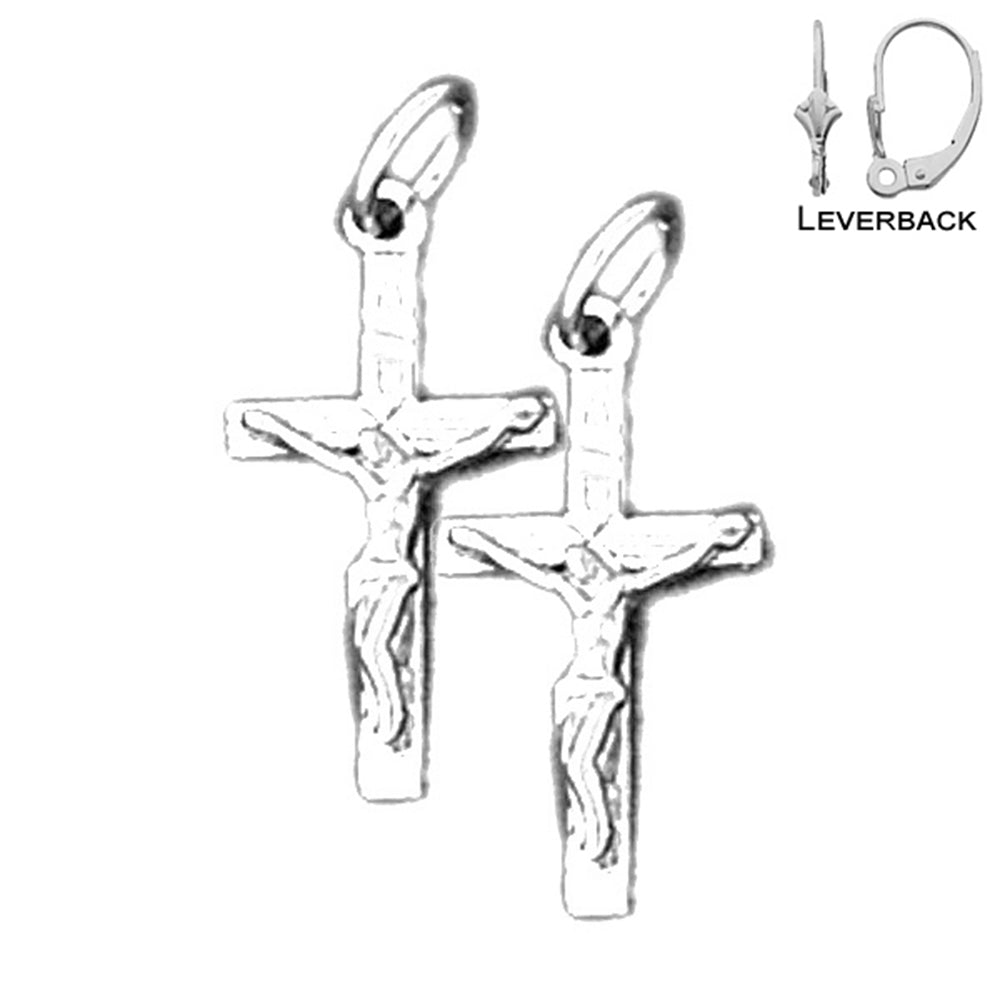 Sterling Silver 21mm Latin Crucifix Earrings (White or Yellow Gold Plated)