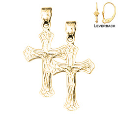 Sterling Silver 34mm Budded Crucifix Earrings (White or Yellow Gold Plated)