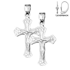 Sterling Silver 34mm Budded Crucifix Earrings (White or Yellow Gold Plated)