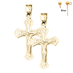 Sterling Silver 34mm Budded Crucifix Earrings (White or Yellow Gold Plated)