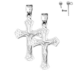 Sterling Silver 34mm Budded Crucifix Earrings (White or Yellow Gold Plated)