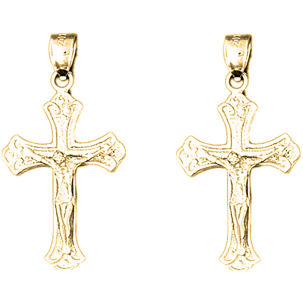 14K or 18K Gold 34mm Budded Crucifix Earrings