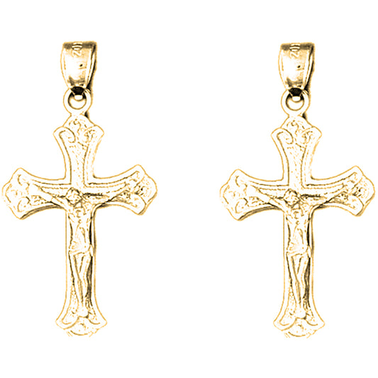 Yellow Gold-plated Silver 34mm Budded Crucifix Earrings