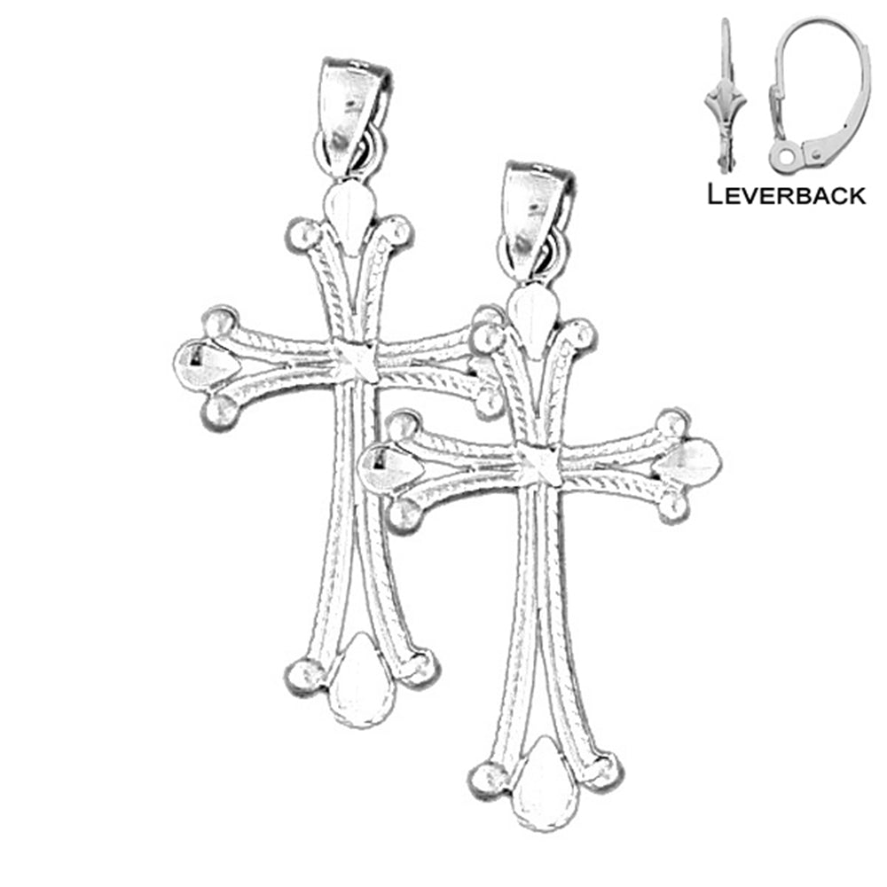 Sterling Silver 37mm Budded Cross Earrings (White or Yellow Gold Plated)