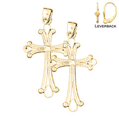 Sterling Silver 37mm Budded Cross Earrings (White or Yellow Gold Plated)