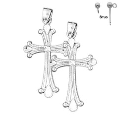 Sterling Silver 37mm Budded Cross Earrings (White or Yellow Gold Plated)