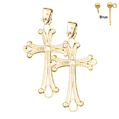 Sterling Silver 37mm Budded Cross Earrings (White or Yellow Gold Plated)