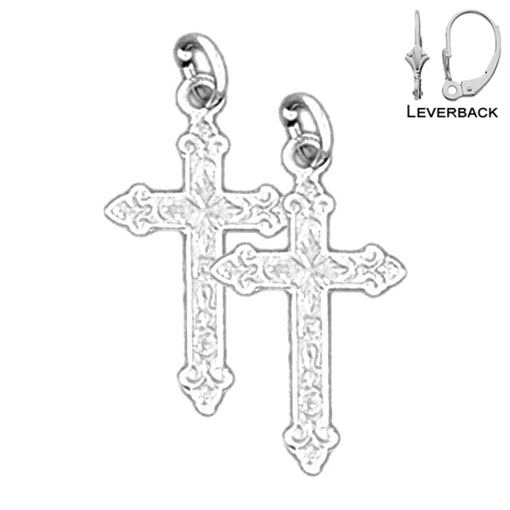 Sterling Silver 22mm Budded Cross Earrings (White or Yellow Gold Plated)