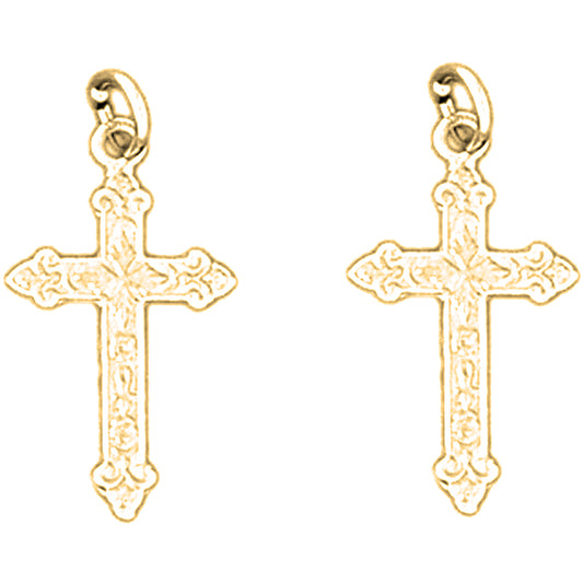 Yellow Gold-plated Silver 22mm Budded Cross Earrings