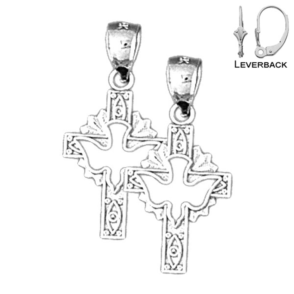 Sterling Silver 25mm Dove and Cross Earrings (White or Yellow Gold Plated)