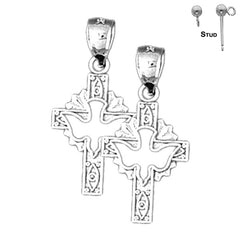 Pendientes de paloma y cruz de plata de ley de 25 mm (chapados en oro blanco o amarillo)