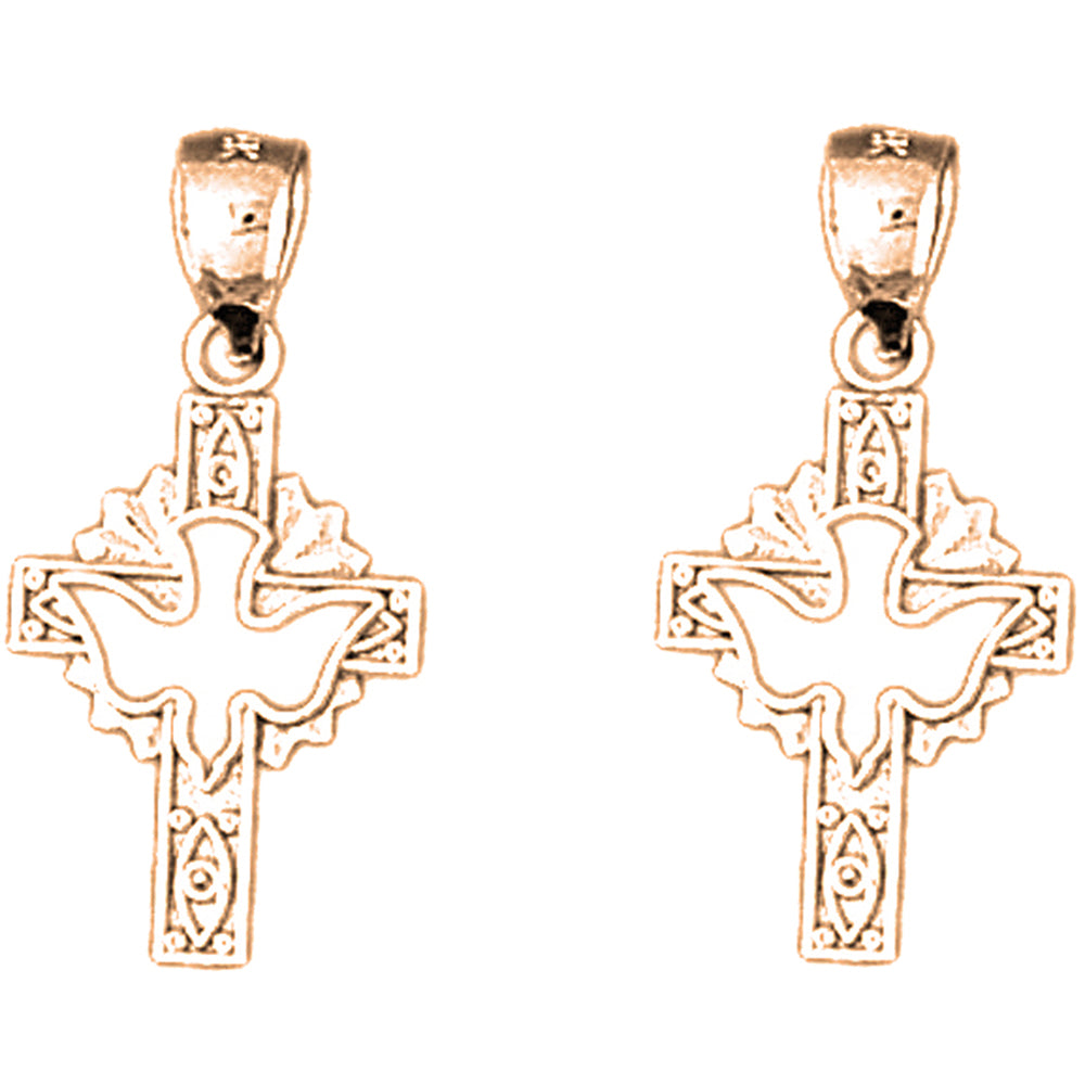 14K or 18K Gold 25mm Dove and Cross Earrings