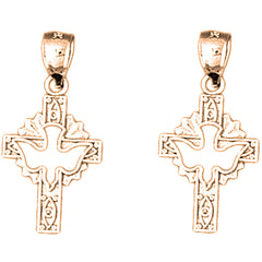 14K or 18K Gold 25mm Dove and Cross Earrings